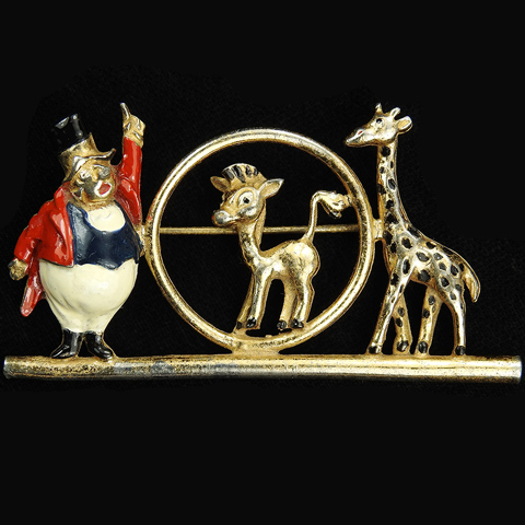 Coro Walt Disney 'Dumbo Jewelry' Gold and Enamel Circus Ringmaster Mother Giraffe and Baby Giraffe in a Hoop Pin