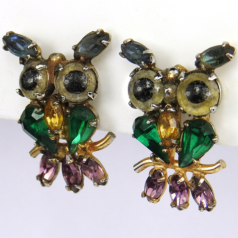 Coro Sterling Citrine and Emerald Owls Screwback Earrings