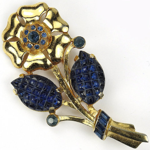 Coro Gold and Invisibly Set Sapphires Flower and Leaves Pin