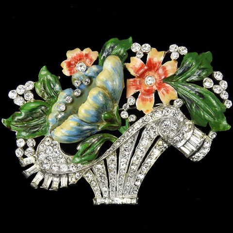 Coro Pave Enamel and Baguettes Swirling Flower Basket Pin