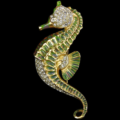 Corocraft Sterling Gold Pave and Enamel Seahorse Pin