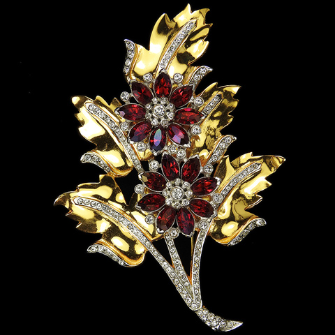 Corocraft Gold Pave and Ruby Giant Double Starflowers Floral Spray Pin