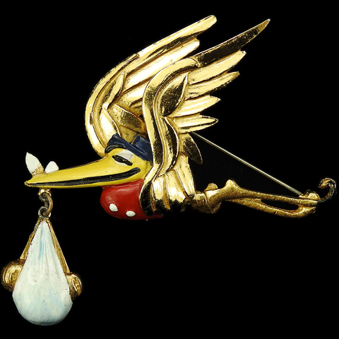 Coro Walt Disney 'Dumbo' Jewelry Gold and Enamel Flying Stork Delivering Baby Dumbo Pin