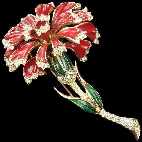 Corocraft Sterling Gold Pave and Enamel Red Carnation Flower Pin Clip