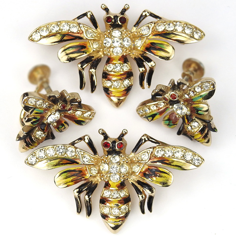 Coro Gold Pave and Enamel 'Queen Bees' Pair of Pins and Screwback Earrings Set
