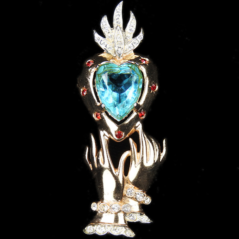 Corocraft Sterling Golden Hands with Flaming Ruby Spangled Aquamarine Heart Pin