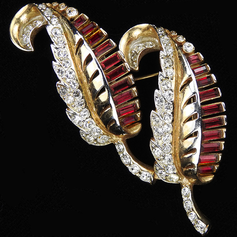Coro Gold Pave and Ruby Baguettes Double Leaf Swirls Pin Clip Duette