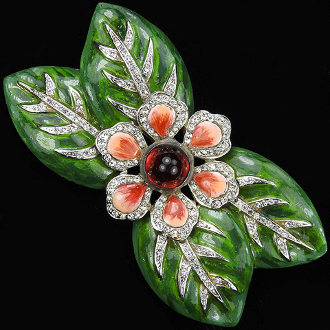 Coro Ruby Cabochon and Pink Enamel Flower with Green and Pave Leaves Pin
