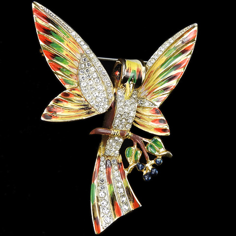 Corocraft Sterling Gold Pave and Enamel Stylized Love Bird on Branch Flapping its Wings Pin