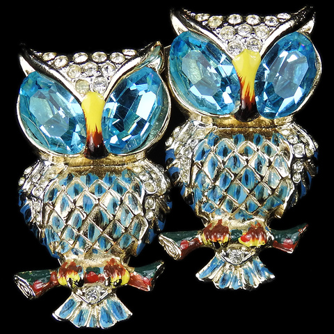 Coro Gold Pave Aquamarines and Enamel 'Hoots' Owl Bird Pin Clip Duette