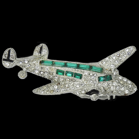 Coro Pave Emerald Baguettes and Enamel Amelia Earhart Lockheed Electra Airplane Pin 