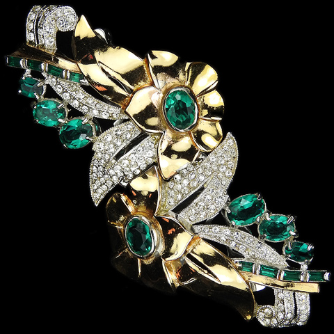 Coro Gold and Emerald Flowers and Pave Leaves Floral Spray Duette