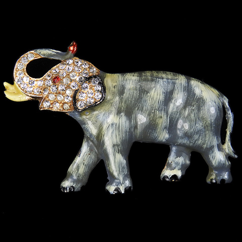 Coro Gold Pave and Enamel Trumpeting Elephant Pin