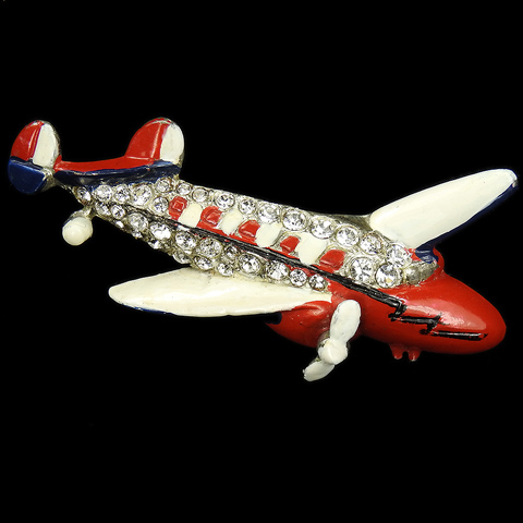 Coro Pave US Patriotic Red White and Blue Enamel and Baguettes Amelia Earhart Lockheed Electra Airplane Pin