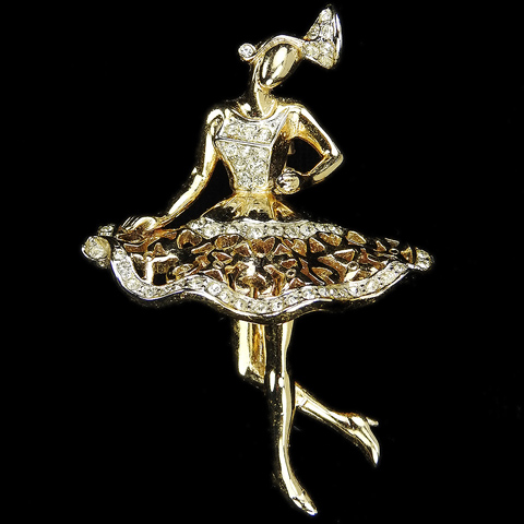 Corocraft Gold and Pave Dancing Ballerina in a Heart Pattern Dress Pin Clip