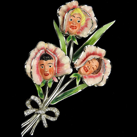 Coro Pave and Enamel Three Ladies' Faces in Lily Flowers Floral Spray with Bow Pin