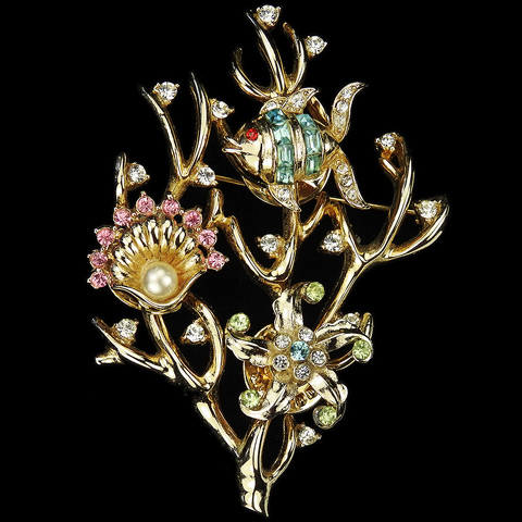 Coro Spangled Gold Coral Tree with Removeable Starfish, Shell, and Fish, Lapel Studs 'Triquette' Pin