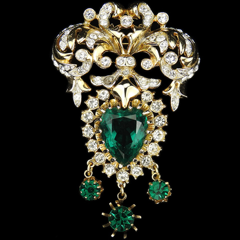 Corocraft 'Jewels of the French Court' Gold Pave and Emerald Heart Crest with Triple Pendants Pin