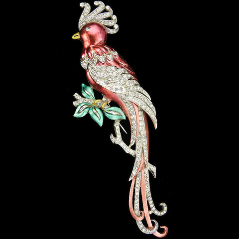 Coro Pave and Metallic Enamel Giant Crested Peacock or Bird of Paradise on a Branch Pin Clip
