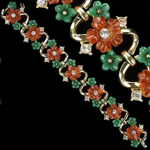 Coro Gold Spiral with Green and Orange Glass Fruit Salad Flowers Link Bracelet
