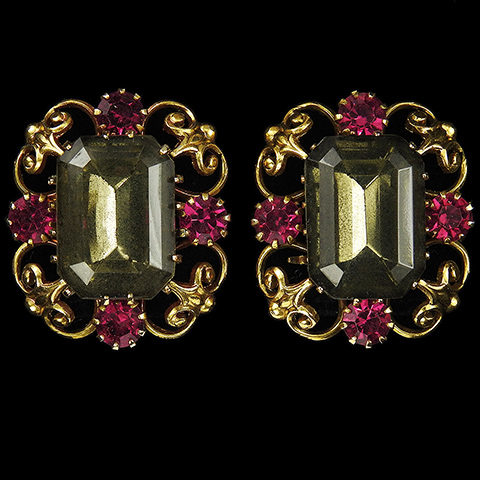 Coro Gold Filigree Openwork Scrolls Fuchsia and Smoky Topaz Clip Earrings