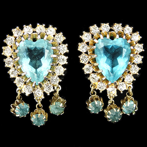 Corocraft 'Jewels of the French Court' Gold Pave and Aquamarine Heart with Triple Pendants Clip Earrings