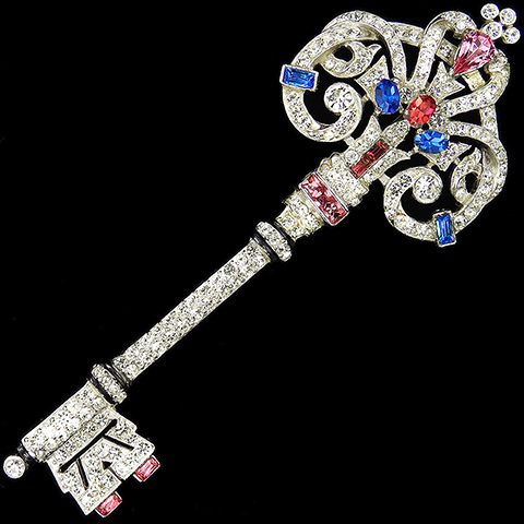 Coro (? unsigned) Pave Enamel Ruby Sapphire and Pink Topaz Key Pin