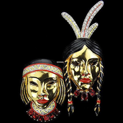 Coro Gold Pave and Enamel Native American Indian Couple Duette