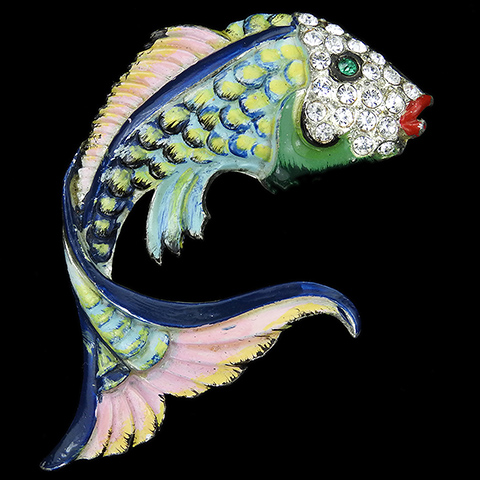 Coro Pave and Enamel Blue and Green Fantail Goldfish Fish Pin Clip