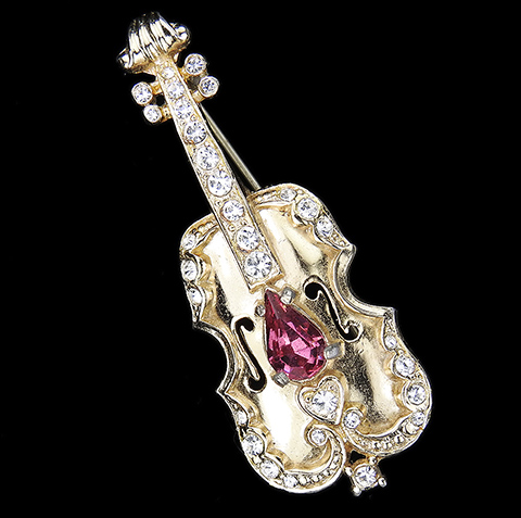 Coro Gold Pave and Pink Topaz 'Carnegie Hall' Jewelry Small Violin Musical Instrument Pin