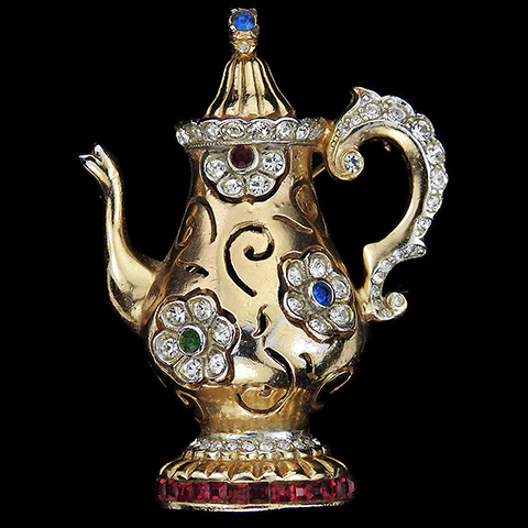Coro Gold Pave and Invisibly Set Ruby 'Tea for Two' Tea Pot Pin