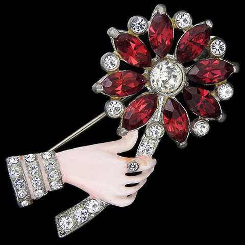 Coro Pave and Enamel Hand Holding a Ruby Flower Pin