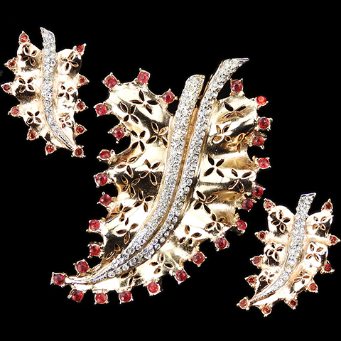 Coro Gold and Pave Openwork Leaf with Ruby Accents Pin Clip and Screwback Earrings Set