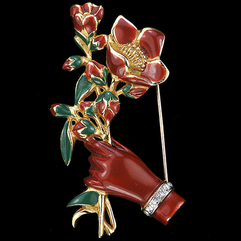 Coro Gold and Enamel Hand Holding a Passion Flower Spray Pin
