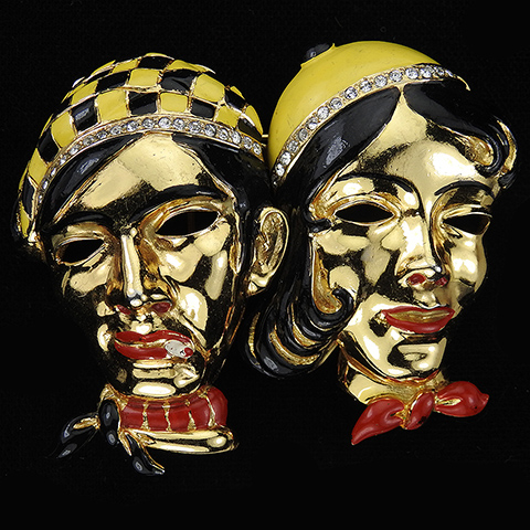 Coro Gold and Enamel French Man and Woman Couple 'Apache' and 'Putain' in Berets (with Cigarette) Pin Clip Duette