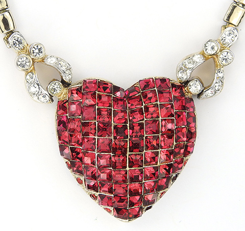 Corocraft Gold Pave and Invisibly Set Ruby Heart Valentines Choker Necklace