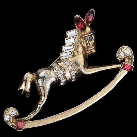 Coro Gold Diamante and Ruby Baguettes Rocking Horse Pin
