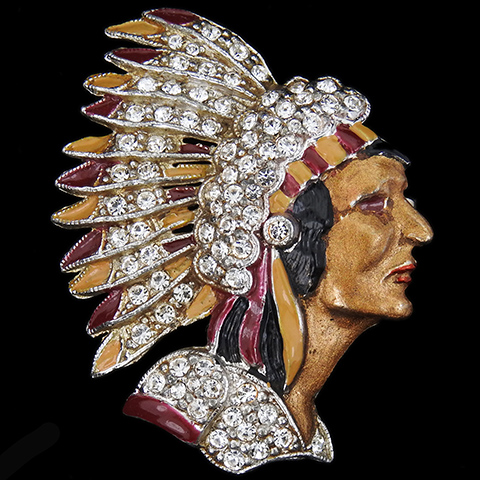 Coro (unsigned) Pave and Enamel American Indian Chieftain in Headdress Pin