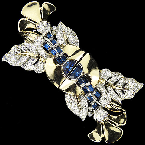 Coro Gold and Pave Sapphire Demilunes and Baguettes Flowers and Leaves Dress Clips Duette