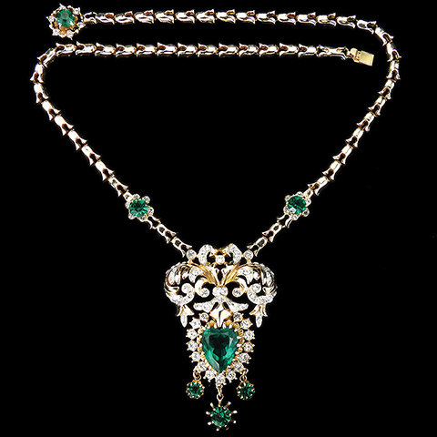 Corocraft 'Jewels of the French Court' Gold Pave and Emerald Heart Crest Triple Pendant Necklace