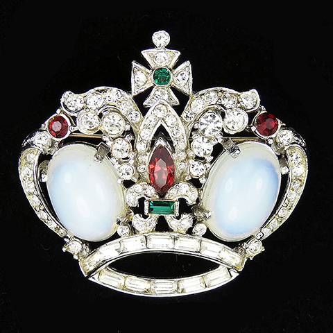 Corocraft Pave Baguettes Ruby Emeralds and White Moonstones Royal Crown Pin