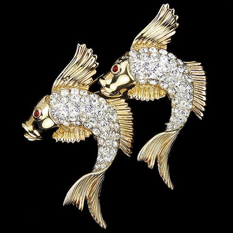 Coro Gold and Pave Leaping Goldfishes Fish Pin Clip Duette