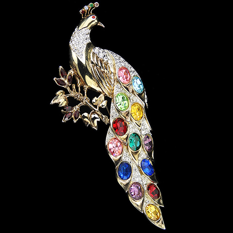 Corocraft Sterling Gold Pave Multicolour Stones and Enamel Giant Peacock on a Tree Branch Bird Pin