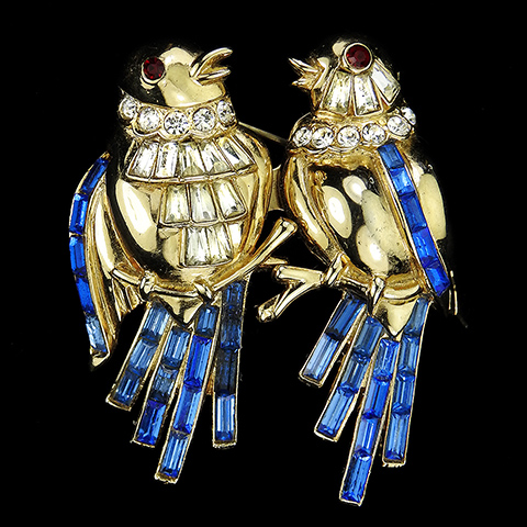 Coro Gold Diamante and Sapphire Baguettes Pair of Lovebirds on Branches Pin Clips Bird Duette
