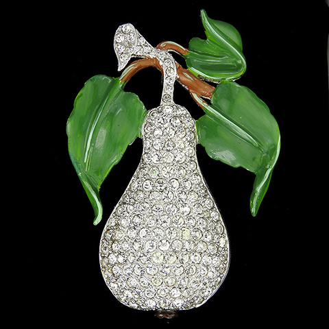 Coro (after Dujay) Pave Pear with Enamel Leaves Fruit Pin