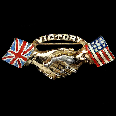Coro WW2 US and British Patriotic Gold and Enamel Union Jack and Stars and Stripes Handshake to Victory Pin