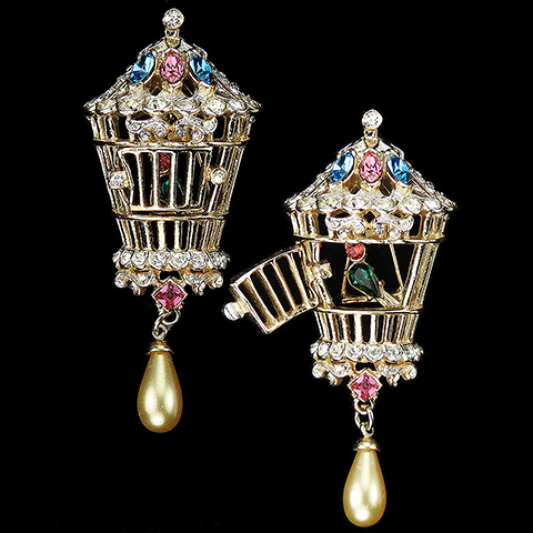 Coro Gold and Multicolour Stones Bird on a Swing in a Birdcage with Opening Door and Pendant Pearl Pin