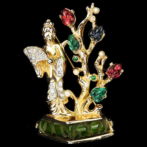 Coro 'Adolph Katz' Gold and Jade Japanese Lady with Fan in a Garden with Pearl and Fruit Salad Tree Pin