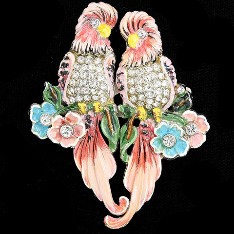 Coro Pair of Pave and Pink Enamel Lovebirds with Flowers Parrot Bird Pins Duette