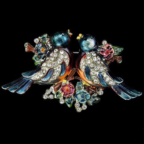 Coro Pave and Blue Metallic Enamelled Lovebirds on Flower Branches 'Chickadees' Birds Duette